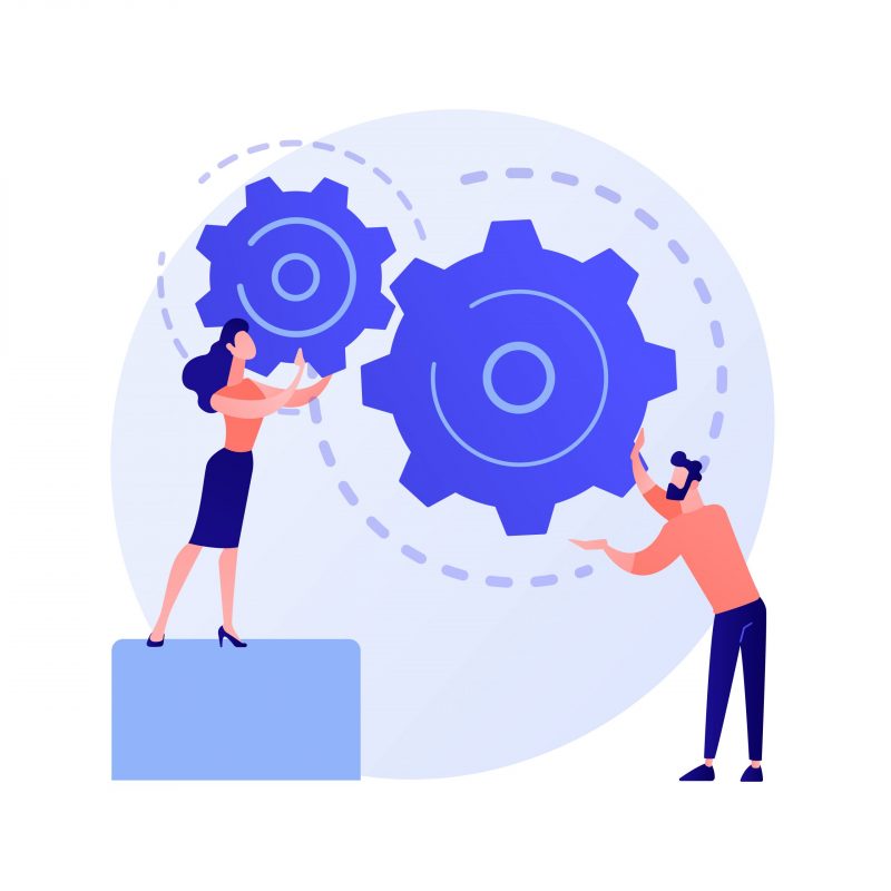 Effective coworking. Colleagues togetherness, workers collaboration, teamwork regulation. Workflow efficiency increase. Team members arranging mechanism. Vector isolated concept metaphor illustration